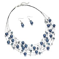 Pehvdkuq Layered Pearl Beaded Necklaces for Women Multi Layered Pearl Choker Necklace Boho Jewelry for Women Gifts for Mom(Blue)