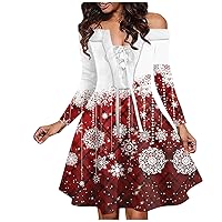 Women's Christmas Dresses Fashion Casual One Shoulder Retro Printed Plush Party Long Sleeved Dress, S-2XL