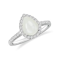 Natural Moonstone Pear Halo Ring with Diamonds for Women in Sterling Silver / 14K Solid Gold/Platinum