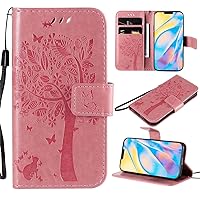 XYX Wallet Case for Samsung S5, Embossed Cat Butterfly Flowers PU Leather Flip Protective Phone Case Cover with Card Slots for Galaxy S5, Pink