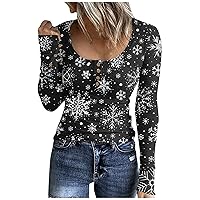 Women Long Sleeve Henley Shirts Scoop Neck Button Down T-Shirts Christmas Ribbed Knit Graphic Tops Casual Outfit