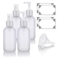 JUVITUS 4 oz Frosted Clear Glass Boston Round Bottle Set with Matching Silver Metal Lotion Pump and Fine Mist Sprayer (4 Pack - 2 of each) + Funnel and Labels
