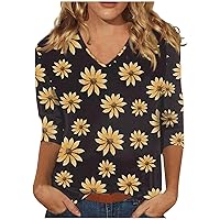 Three Quarter Sleeve Blouse Women's Summer V-Neck Tunic Trendy Tee Print 2024 Slim Tshirt Tops