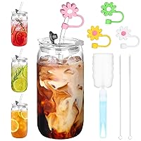 Glass Cups with Lids and Straws 4pcs Set, Iced Coffee Cups with Lids and Straw Cover, Cleaning Brush, Cup Brush, 16oz Glass Tumbler with Straw and Lid