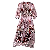 Women Dress Silk Floral Printed V Neck Half Sleeve Back Elastic High Waist Pink Everyday Skirt 2825