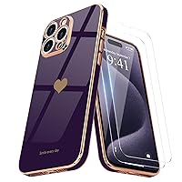 Teageo for iPhone 15 Pro Case with Screen Protector [2 Pack] Girl Women Cute Girly Love-Heart Luxury Gold Soft Cover Camera Protection Silicone Shockproof Phone Case for iPhone 15 Pro, Dark Purple