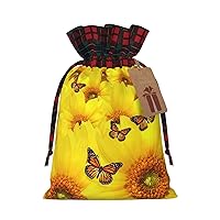 WURTON Yellow Flowers Butterflies Print Xmas Party Gift Bags Drawstring Christmas Wrapping Bags Wedding Gift Bags Holiday
