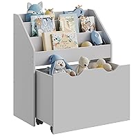 SONGMICS Kids Bookshelf and Toy Organizer, Toy Storage Chest and Bookcase with 3 Shelves, Storage Box with Wheels, Multipurpose, for Children's Room and Playroom, Dove Gray UGKR041G10
