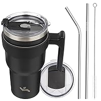 30oz Tumbler with Handle and 2 Straw 2 Lid, Insulated Water Bottle Stainless Steel Vacuum Cup Reusable Travel Mug,Black