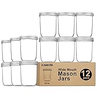 KAMOTA Wide Mouth Mason Jars 16 oz With Regular Lids and Bands, Ideal for Jam, Honey, Wedding Favors, Shower Favors, Baby Foods, DIY Spice Jars, 12 PACK, 12 Silver Pipette Covers Included