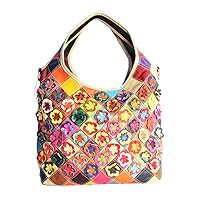 Women Multicolor Floral Shoulder Bag Cowhide Leather Handbag Vintage Totes Purse