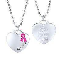 Bling Jewelry Personalized Engravable Heart Pink Ribbon Breast Cancer Survivor Pendant Necklace For Women Silver Tone Stainless Steel