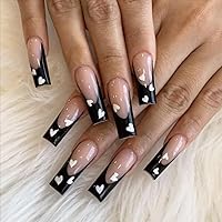 French Tip Press on Nails Long Coffin Valentine's Day Fake Nails with Heart Designs Full Cover False Nails Valentines Glue on Nails Long Press on Coffin Artificial Nails for Women Acrylic Nails 24Pcs
