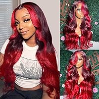 YMS Ombre Red Glueless Wigs Human Hair Pre Plucked Hot Red HD Lace Front Wigs Human Hair 180% Density Body Wave Human Hair Wigs for Black Women (28 inch,13x4 Lace Front Wig)