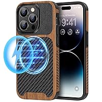 TENDLIN Magnetic Case Compatible with iPhone 14 Pro Case Wood Grain with Carbon Fiber Texture Design Leather Hybrid Slim Case (Compatible with MagSafe) Black