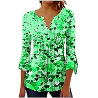 Happy St Patrick's Day Shirts Women Funny Love Heart Print 3/4 Bell Sleeve Tunic Tops Pleated Front Henley Blouses