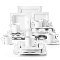MALACASA Ivory White Dinnerware Sets 30 Piece, Square Plates and Bowls Sets for 6, Porcelain Dinnerware Set with Dinner Plate, Dessert Plate, Soup Bowl, Cup and Saucer, Kitchen Dish Set, Series Mario