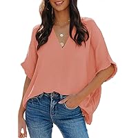 Dokotoo Casual Womens Short Sleeve V Neck Shirts Oversized Solid Blouses Tops