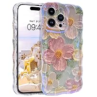 YINLAI Case for iPhone 15 Pro Max 6.7-Inch, Cute Curly Wave Edge Women Girls Floral Colorful Retro Oil Painting Printed Flower Laser Glossy Pattern Durable Shockproof Protective Phone Cover, Green