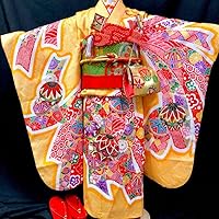 Shichi-Gosan, 7 Years Old, Hikita Pattern, Kimono, Yellow, Sash, Full Set, Girls