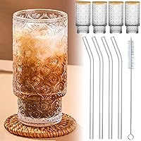 JASVIC 16oz Glass Cups with Bamboo Lids and Straws(4pcs), Thickened Coffee Cups, Embossed Vintage Drinking Glasses Tumbler for Cocktails Smoothies Juices