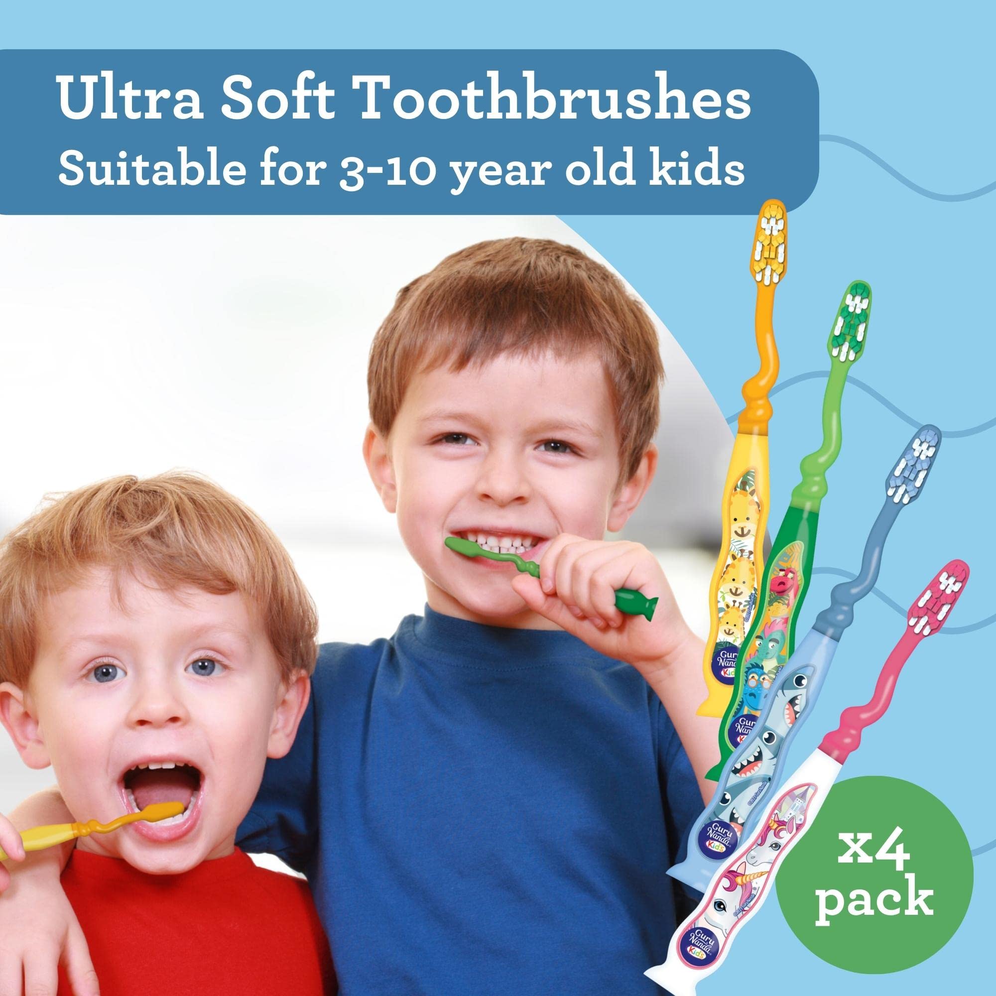 GuruNanda Kids Toothbrush with Suction Cup & Fun Animal Designs - Soft Bristles for Bright Smiles and Healthy Teeth & Gums - Non-Slippery & Mess-Free Toothbrush, Suitable for Ages 3+ - 4 Count