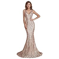 Women's Sequin V Neck Mermaid Prom Dress Sleeveless Pageant Trumpet Evening Dress Celebrity Gowns