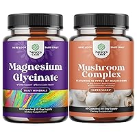 Bundle of Magnesium Glycinate Capsules Mineral and Nootropic Brain Focus Mushroom - Immune Support Bone Health Mood Support - 10X Mushroom Blend for Sugar Balance and Mental Focus
