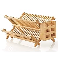 Dish Rack, Bamboo Folding 2-Tier Collapsible Drainer Dish Drying Rack with Utensils Flatware Holder Set (Dish Rack with Utensil Holder)