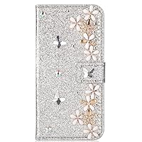 XYX Wallet Case for iPhone 15 Plus 6.7 Inch, Glitter Lucky Flower Diamond Luxury Flip Card Slot Girl Women Phone Case Protection Cover, Silver