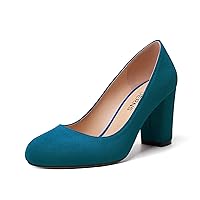 WAYDERNS Womens Suede Round Toe Office Solid Slip On Fashion Block High Heel Pumps Shoes 3.3 Inch