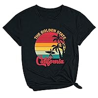 The Golder State Letter T-Shirt Women Funny Palm Tree Tee Tops 2024 Casual Loose Fit Short Sleeve Vacation Blouses