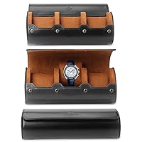 KOSMCCO Watch Roll Travel Case - Luxury Leather Watch Roll - Men's & Women's Watches Safety Organiser for 3 Watches, Travel and Display (Classic Black)