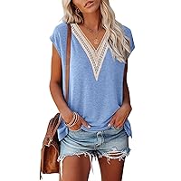 MEROKEETY Women's Casual Cap Sleeve Lace Trim V Neck Tops 2024 Summer Loose Tee Shirts Blous