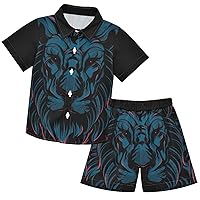 visesunny Toddler Boys 2 Piece Outfit Button Down Shirt and Short Sets Magic Lion Animal Boy Summer Outfits