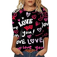 Womens Spring Tops 3/4 Sleeve Plus Size Women's Three Quarter Sleeve T Shirt Valentine's Day Printed Crew Neck