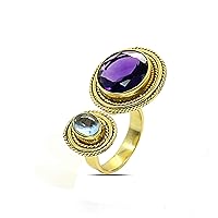 Natural Amethyst Round Cut and Blue Topaz Hydro Oval Cabochon Gold Plated Brass Adjustable Ring Astrology Jewelry