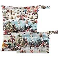 visesunny Poplin-Cotton-Vintage-Christmas 2Pcs Wet Bag with Zippered Pockets Washable Reusable Roomy Diaper Bag for Travel,Beach,Daycare,Stroller,Diapers,Dirty Gym Clothes,Wet Swimsuits,Toiletries