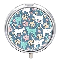 Round Pill Box Cat Colorful Paws Footprint Pattern Portable Pill Case Medicine Organizer Vitamin Holder Container with 3 Compartments