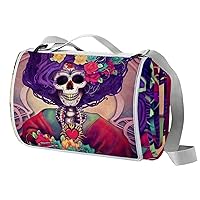 Beach Blanket Sand Free& Outdoor Waterproof Picnic Blanket, Small Foldable Picnic Mat for Camping Travel, Washable, Easy Carry & Clean Tote Bag Day of The Dead Catrina Print