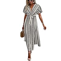WDIRARA Women's V Neck Wrap Belted A Line Butterfly Sleeve Geo Print Slit Maxi Casual Dress