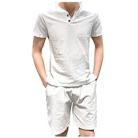 Mens Summer Linen Outfits 2 Piece, Casual Short Sets Short Sleeve Shirts + Shorts Suit Casual Beach Tracksuit Set