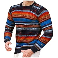 Waffle Knit Sweater,Men's Sweater Loose Round Neck Sweater Long Sleeve Colorful Stripe Casual Bottoming Sweaters