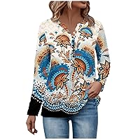 Women Tops Sexy Button Ethnic Floral T-Shirt Baggy Long Sleeve Henley V Neck Shirt Casual Boho Vintage Clothes