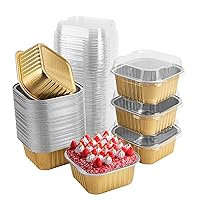 50 Pcs Mini Square Baking Cups with Lids,5oz Aluminum Foil Mini Cake Pans with Lids,Disposable Ramekins Cake Pans,150ml Dessert Cups Cupcake Pans for Wedding Birthday Party,Gold