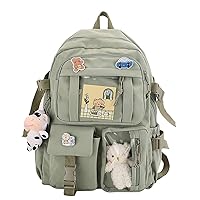 Kawaii Backpack with Cute Pin Accessories and Plush Pendant Cute Aesthetic Backpacks for School Bag Girl Backpack (Green)