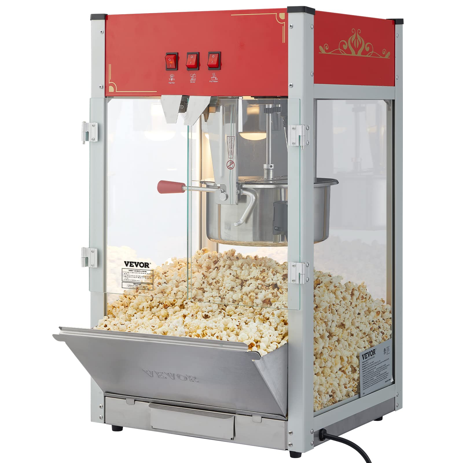 VEVOR Commercial Popcorn Machine, 12 Oz Kettle, 1440 W Countertop Popcorn Maker for 80 Cups per Batch, Theater Style Popper with 3-Switch Control Steel Frame Tempered Glass Doors 1 Scoop 2 Spoons, Red