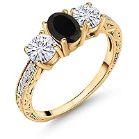 Gem Stone King 18K Yellow Gold Plated Silver 3-Stone Ring Oval Black Onyx and Moissanite (1.82 Cttw)