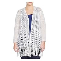 Nic + Zoe Womens Plus Enchanted Open Stitch Fringe Cardigan Sweater White 1X