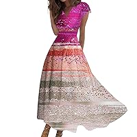 Summer Dresses for Women V Neck Trendy Short Sleeves Beach Dress Flowy Floral Print Maxi Dress Elegant Sundresses